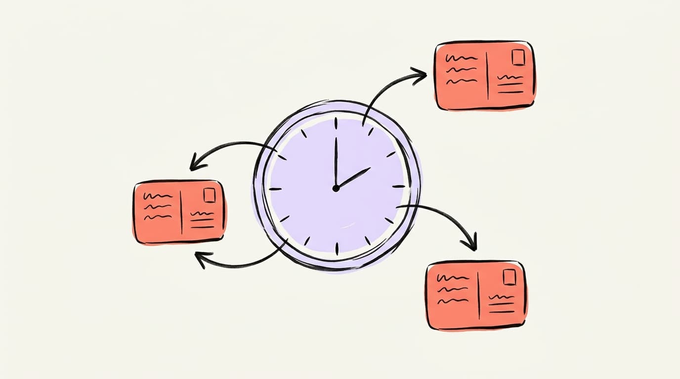 A hand-drawn clock with arrows pointing to three social post cards, showing a scheduling workflow