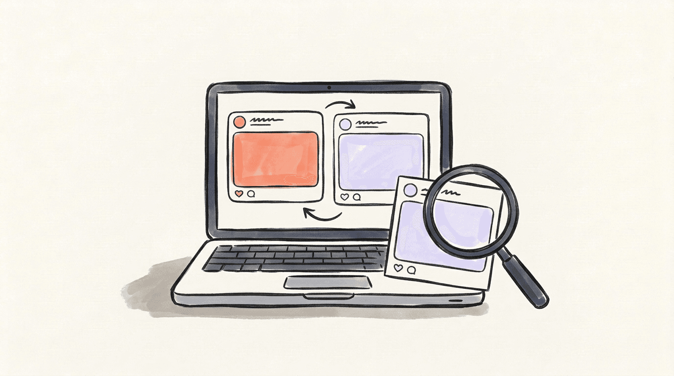 A laptop with two conversation cards beside a paper card beneath a magnifying glass