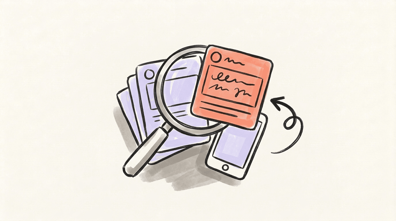 A magnifying glass over stacked conversation cards with one matching card lifted out