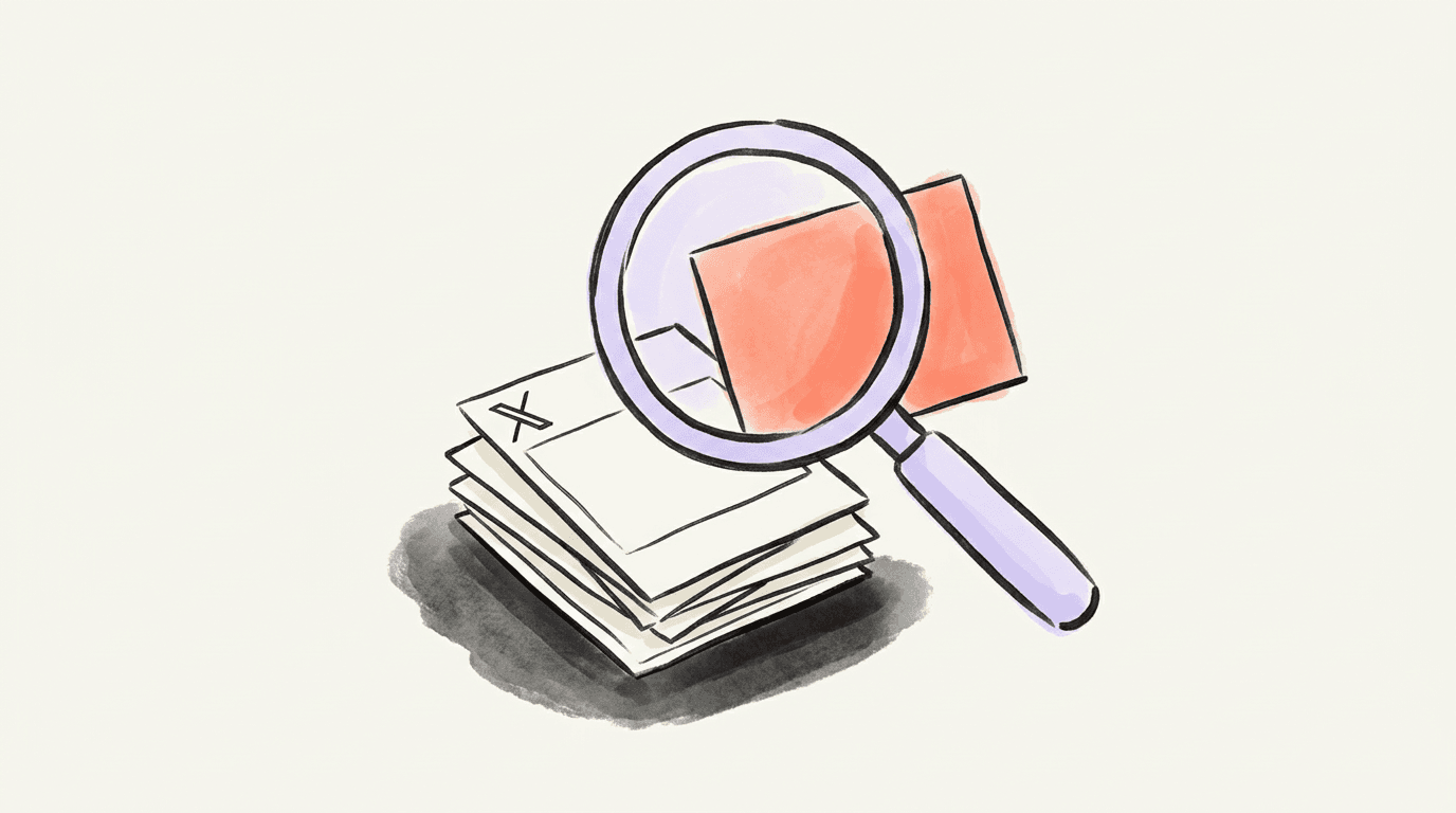 A lavender magnifying glass over a stack of blank post cards marked with an X, one coral card lifted out under the lens