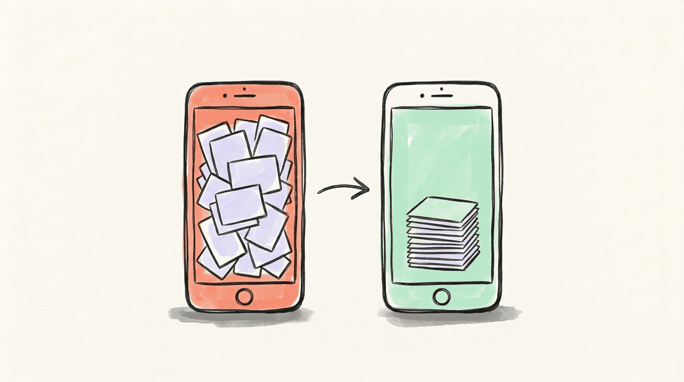 Two phones comparing a crowded stack of feed cards with a smaller ordered stack