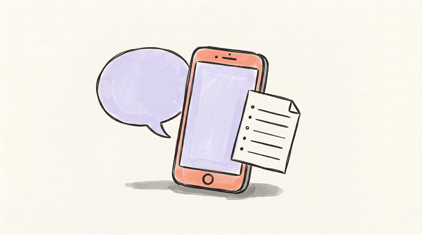 A phone beside a blank paper list and an empty speech bubble