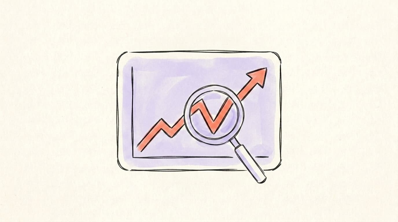 A magnifying glass inspecting a rising impressions trend line on a dashboard