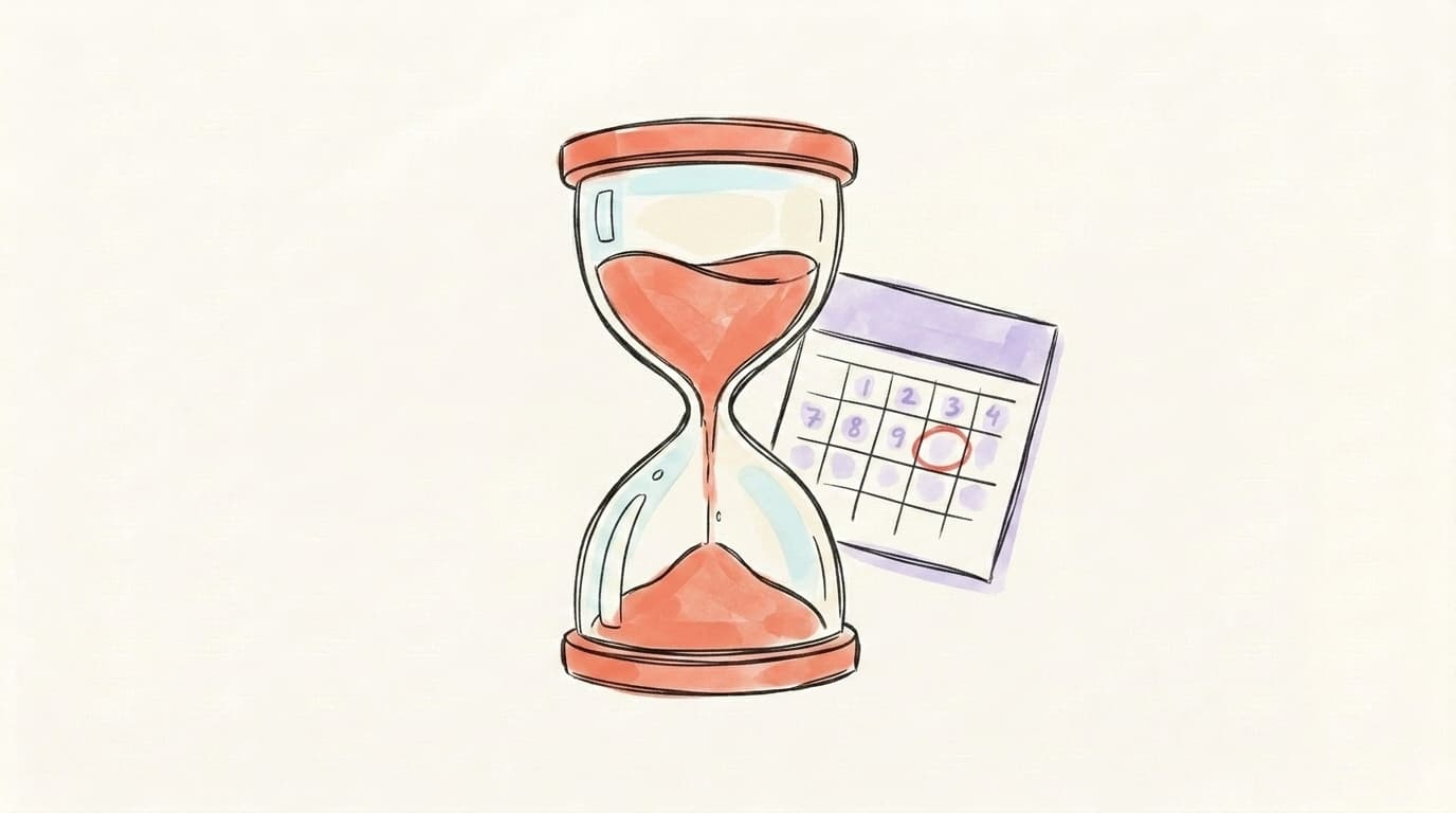 A salmon-coral hourglass with sand falling and a lavender calendar page, illustrating the waiting period of an Instagram shadowban