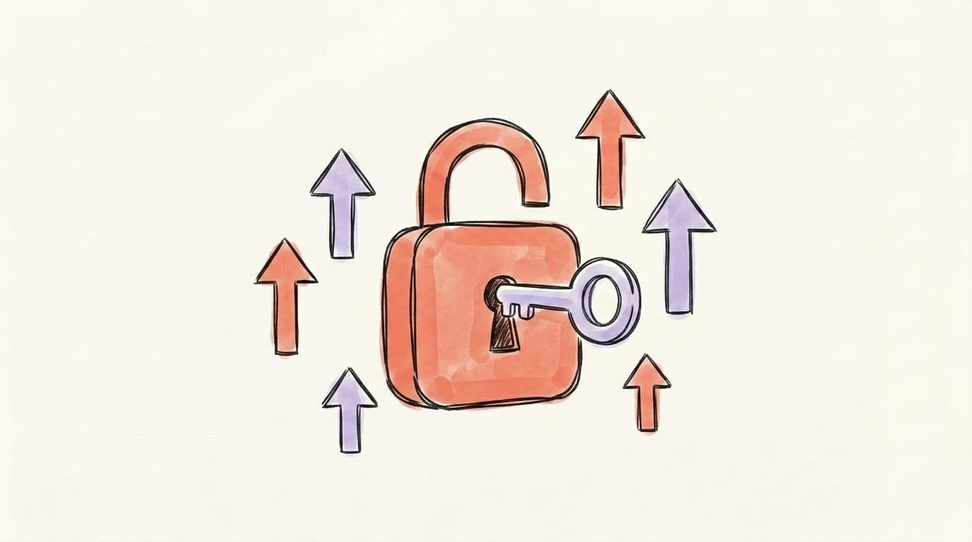 A salmon-coral lock being opened by a lavender key with upward arrows around it, symbolizing recovering reach and unlocking Instagram engagement