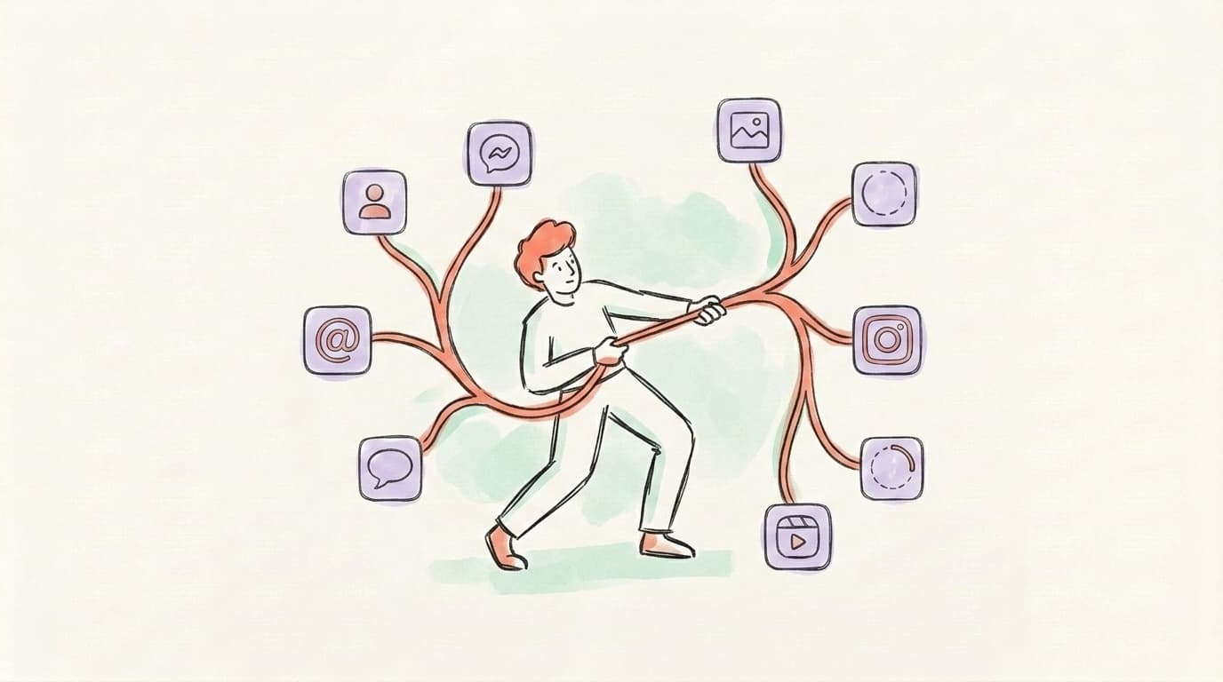 Hand-drawn illustration of a creator pulling at threads that branch out to multiple Meta app icons (Instagram, Messenger, Facebook), representing the connected Meta app family