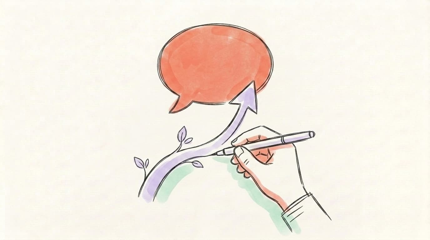 Hand-drawn illustration of a creator's hand sketching a growth arrow flowing into a salmon-coral speech bubble, representing creator audience growth on Threads