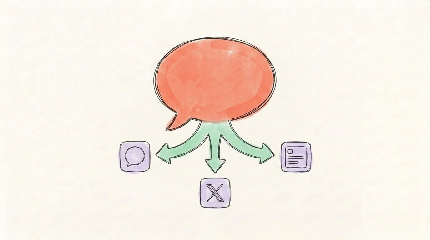 Hand-drawn illustration of speech bubbles flowing across three connected platforms, representing cross-posting to Threads, X, and LinkedIn