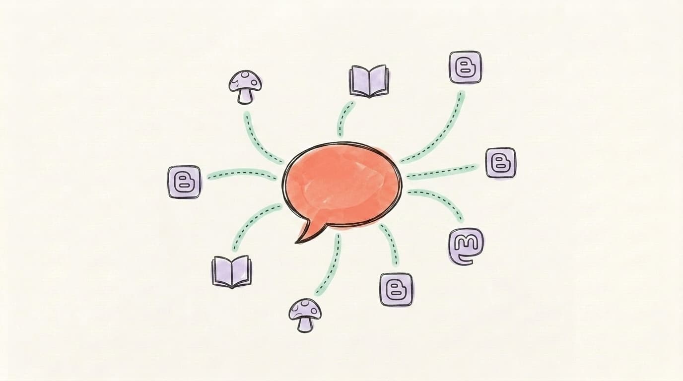 Hand-drawn illustration of a central Threads chat bubble connected by curved dashed lines to small fediverse platform icons (Mastodon mushroom, book, document), representing the open social web
