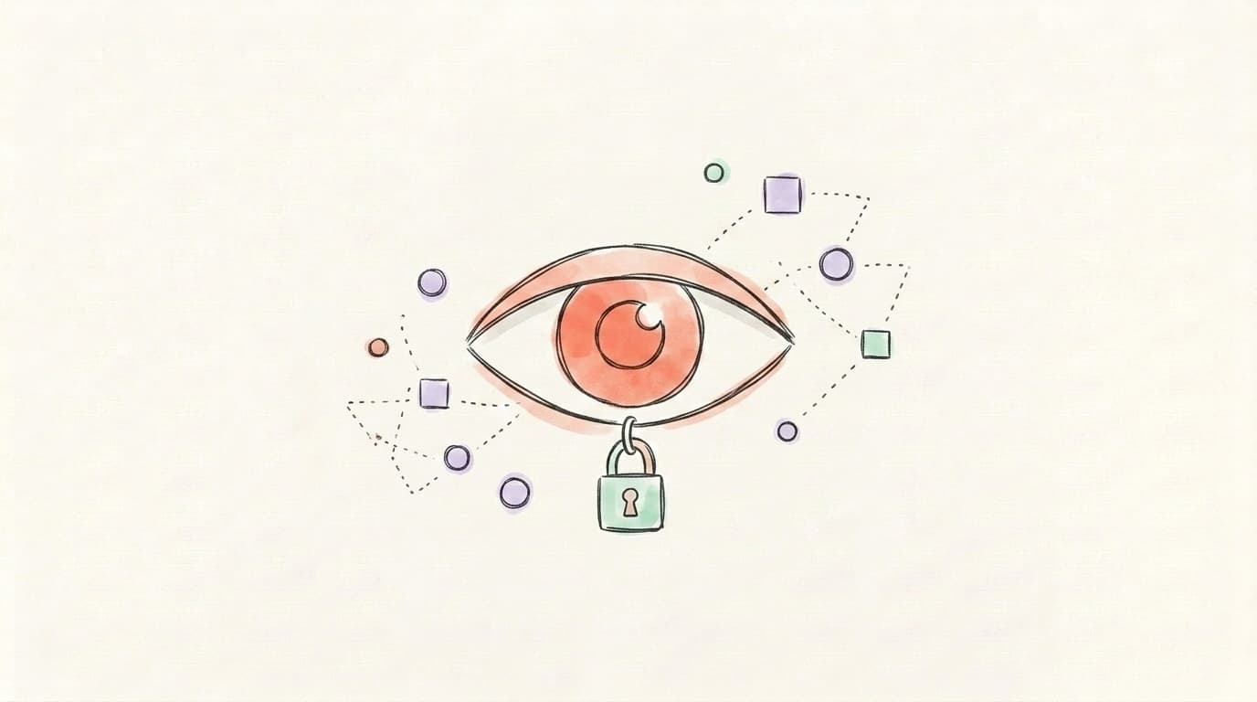 Hand-drawn illustration of an eye with a small padlock pendant surrounded by floating data shapes
