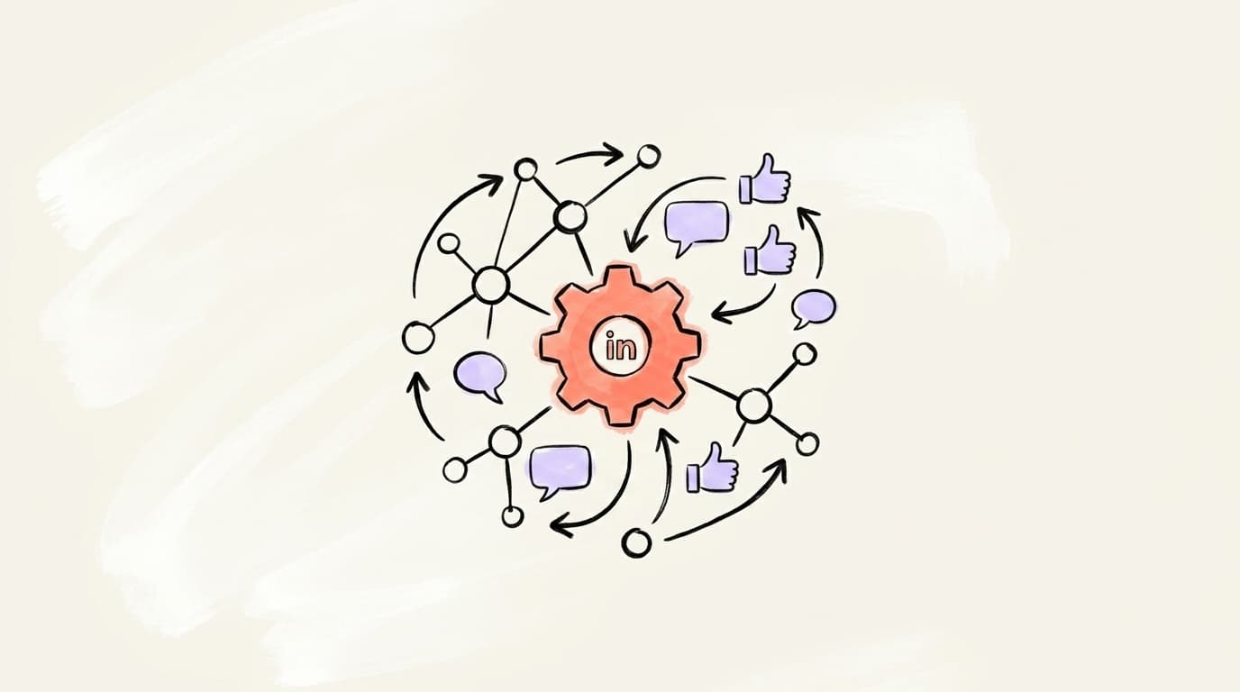Hand-drawn illustration of the LinkedIn algorithm as a central gear surrounded by comments, likes, and network nodes