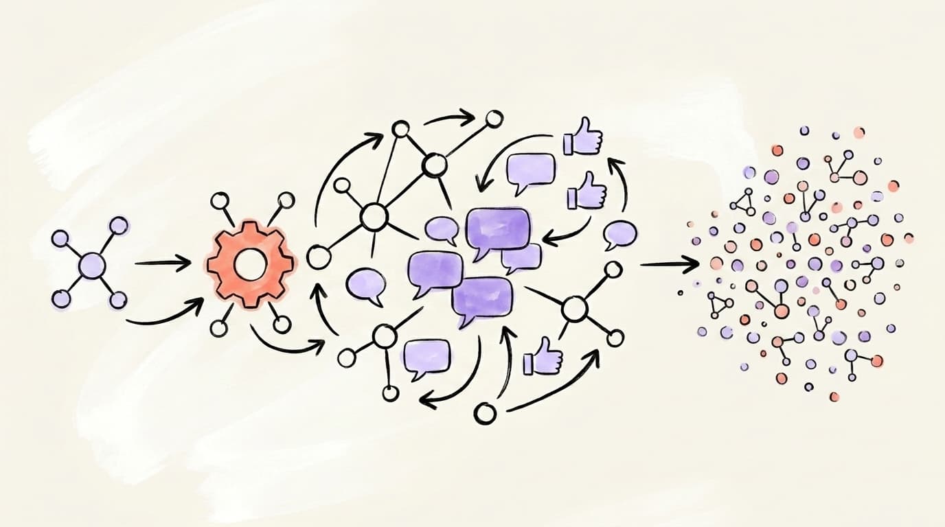 Horizontal flow diagram showing a LinkedIn post moving left to right through four stages: quality filter, small-network test, wider distribution, and extended resurfacing