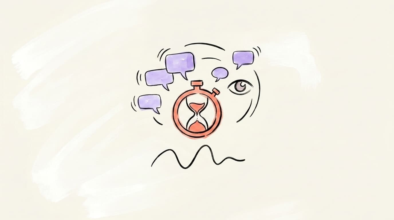 Illustration of a stopwatch, a viewer's eye, and comment bubbles representing dwell time and engagement-quality signals the LinkedIn algorithm watches