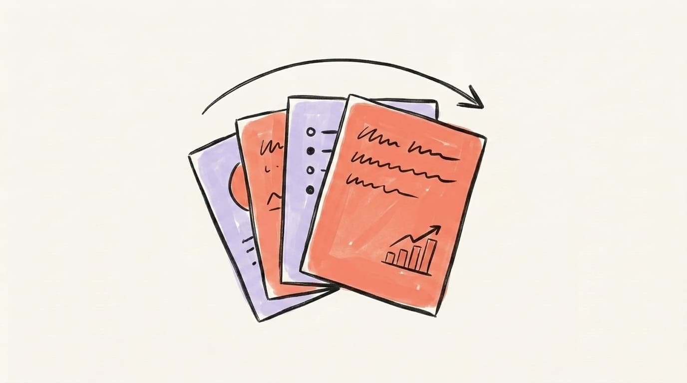Hand-drawn illustration of a stack of swipeable LinkedIn carousel slides with a curved arrow pointing right