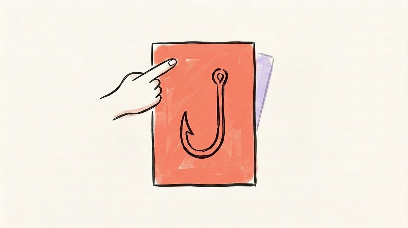 Hand-drawn carousel cover slide with a fishing hook on it and a finger about to swipe, illustrating a scroll-stopping hook slide