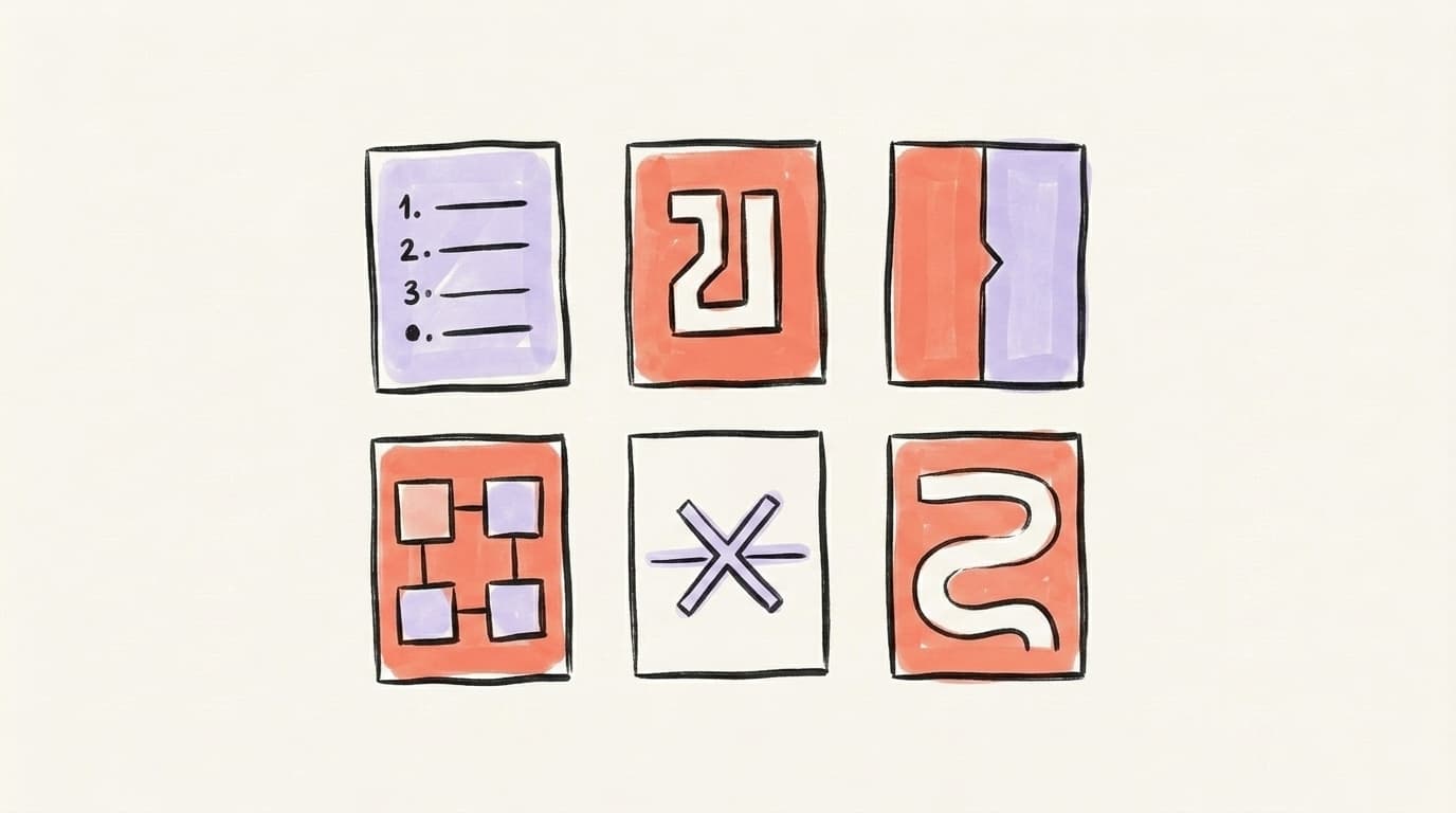 Six hand-drawn LinkedIn carousel template layouts in a grid: a numbered list, a big number, a before-after split, a framework diagram, a myth-buster X mark, and a winding story path