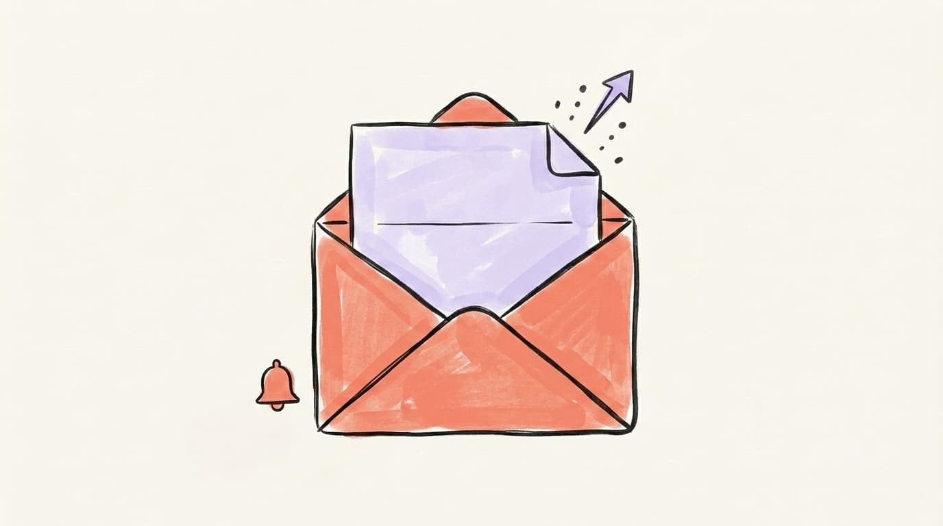 A hand-drawn envelope with a newsletter and a rising growth arrow, representing a LinkedIn newsletter strategy