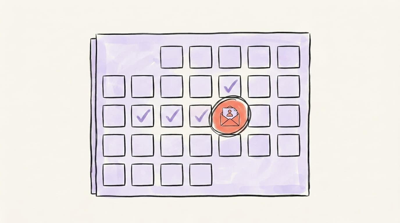 A hand-drawn calendar with a launch day circled in coral and an envelope icon, representing a 30-day newsletter launch plan