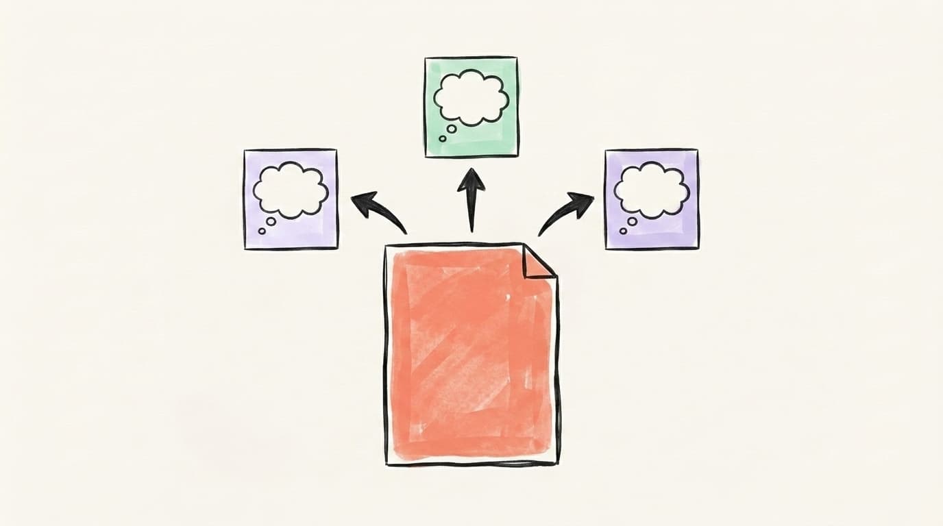 A hand-drawn newsletter document with arrows fanning out to three social post cards, representing repurposing a newsletter into platform posts