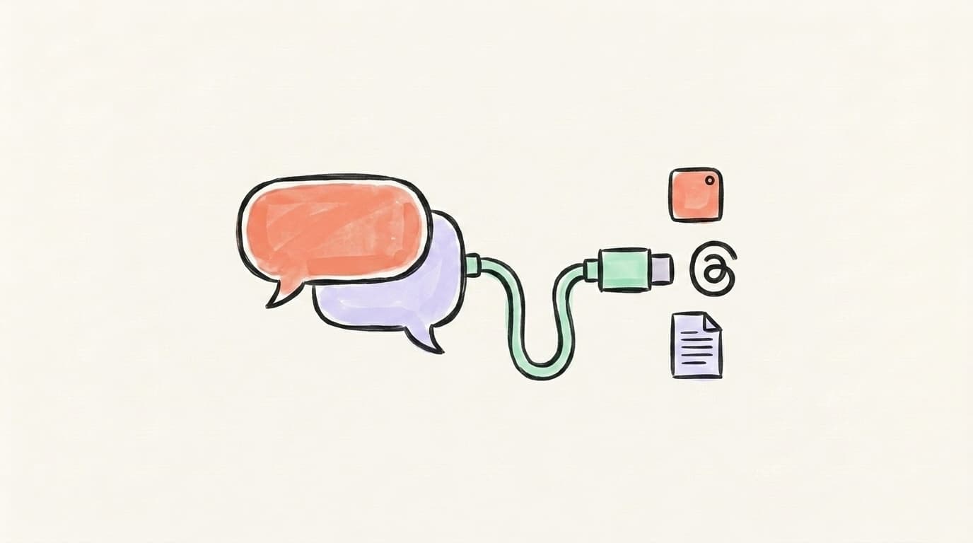 Hand-drawn illustration of an AI chat bubble connected by a USB-C-style plug to a platform tile, the Threads logo, and a document