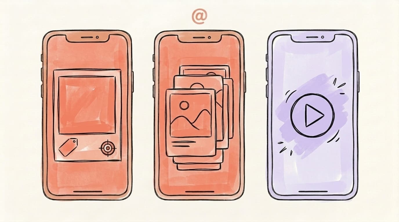 A hand-drawn illustration showing three phone screens displaying ad formats: a single image, a stacked carousel, and a play-button video