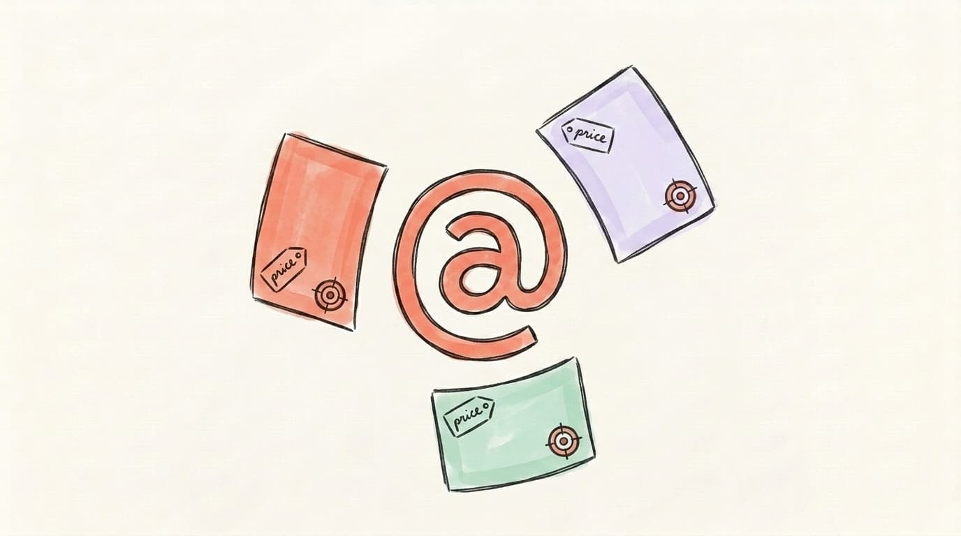 A hand-drawn illustration of a Threads @ symbol surrounded by three ad-card shapes with price tags and targeting marks