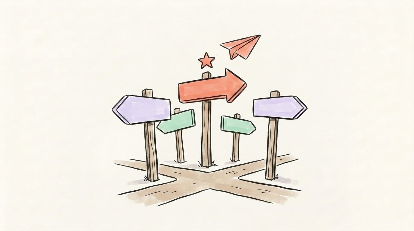 Four hand-drawn signposts at a crossroads, one coral sign taller than the rest, pointing in different directions