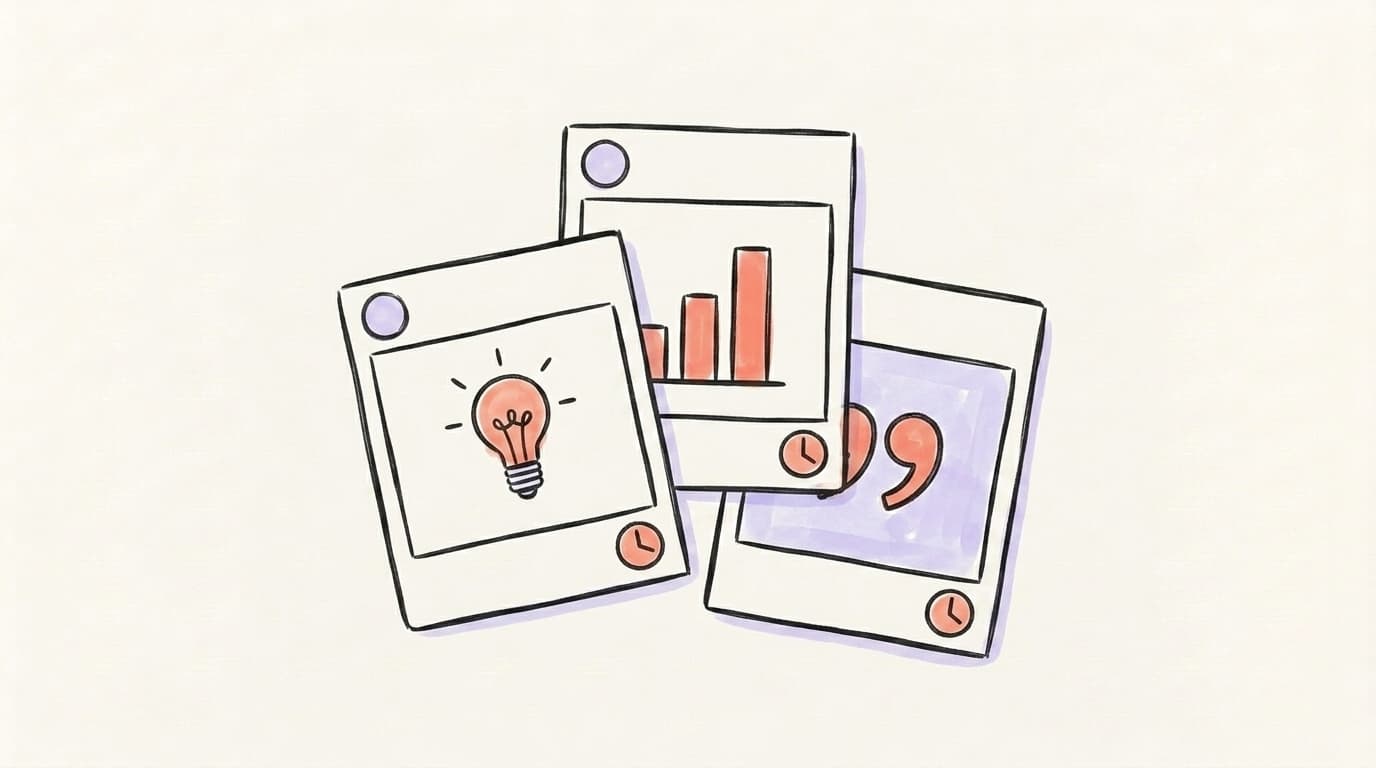 Three social post cards each with a different content type icon — tip, stat, and quote