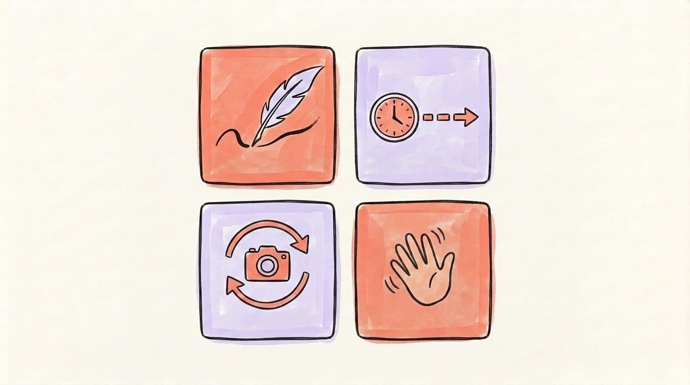 Four icon tiles representing the four rules: a feather pen, a clock with arrow, a camera with rotating arrows, and a waving hand