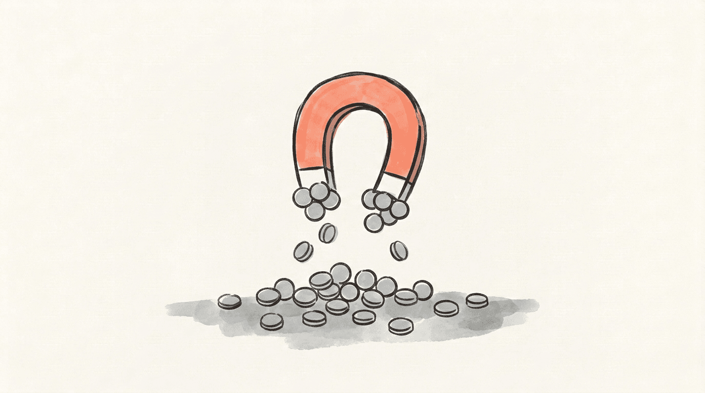 A coral horseshoe magnet pulling clusters of small identical grey discs up out of a scattered pile