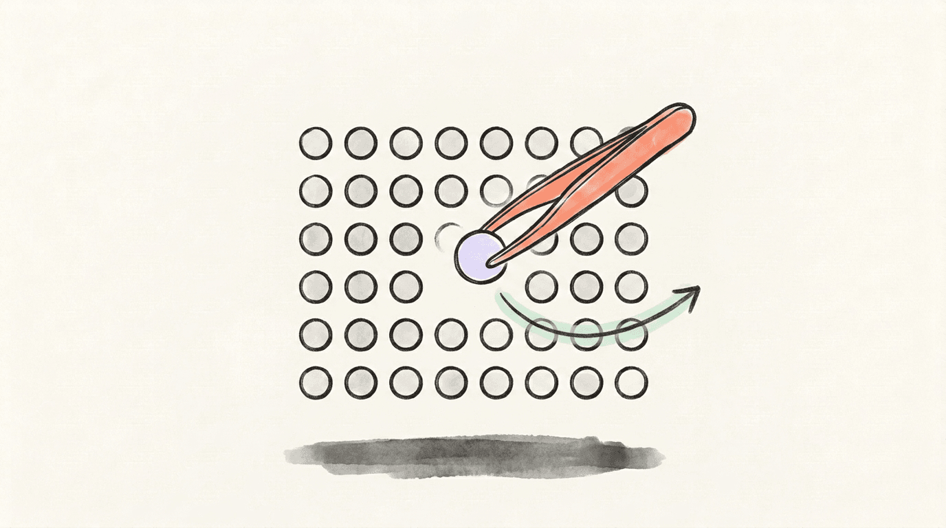 Coral tweezers lifting a single lavender circle out of a neat grid of identical grey circles