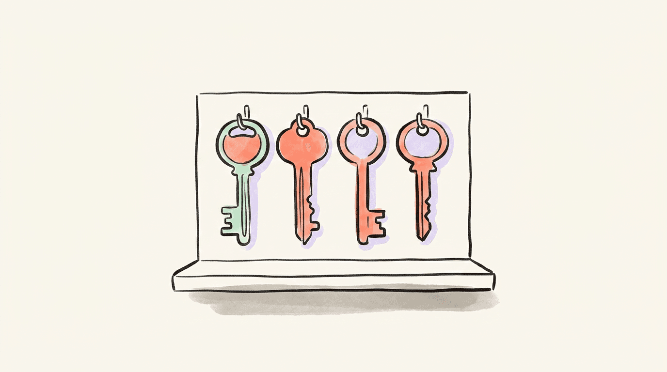 Four differently shaped keys, one mint and three coral, hanging in a row on hooks above a plain shelf