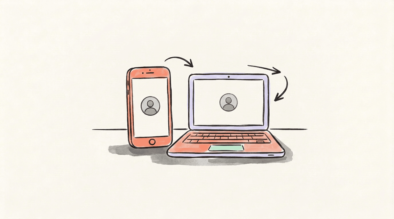 A coral phone standing upright beside an open laptop, each screen showing the same plain grey avatar circle