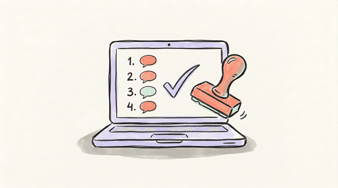 A laptop showing a numbered list of speech bubbles with a rubber stamp pressing a check mark onto one