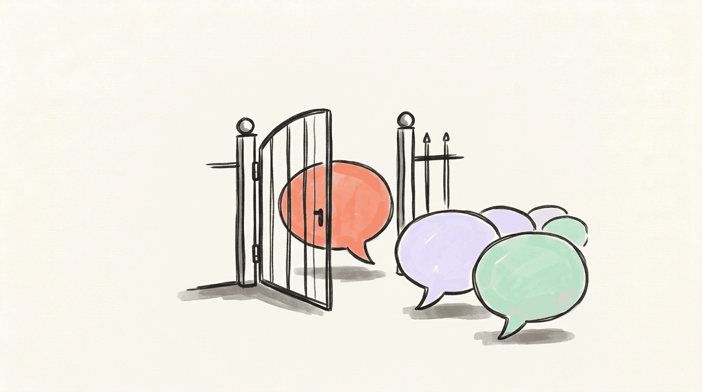 A garden gate letting one speech bubble through while others wait outside in a short queue