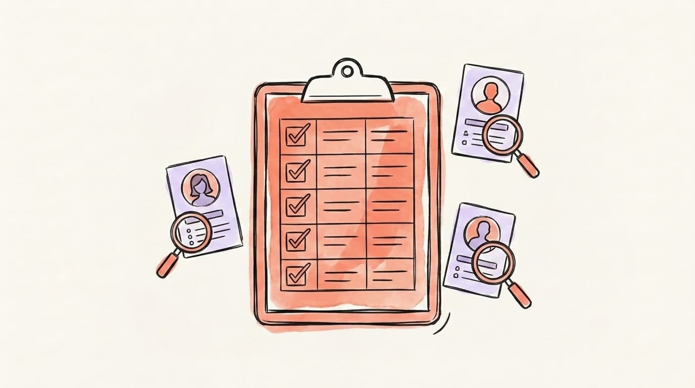 Hand-drawn illustration of an audit clipboard checklist with social profile cards being inspected by magnifying glasses