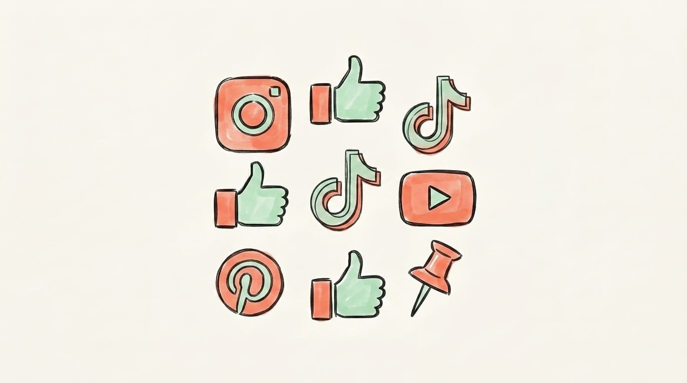 Grid of social media platform icons — Instagram, Facebook, TikTok, YouTube, and Pinterest