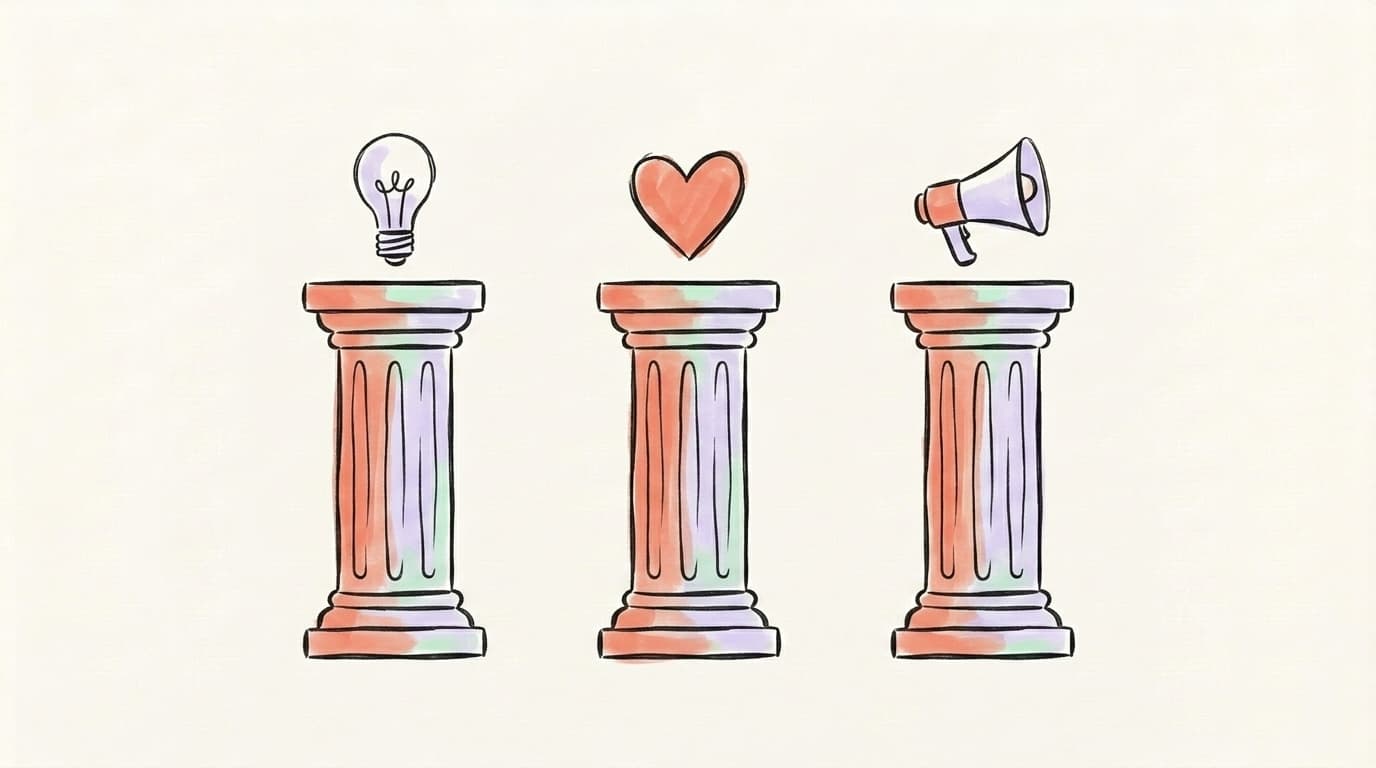 Three hand-drawn content pillars topped with a lightbulb, a heart, and a megaphone