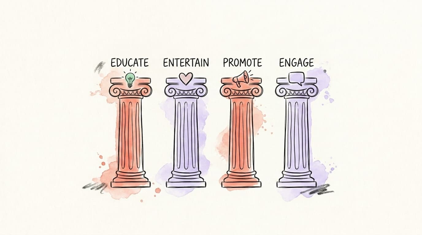 Four hand-drawn Greek columns labeled as content pillars: Educate, Entertain, Promote, Engage