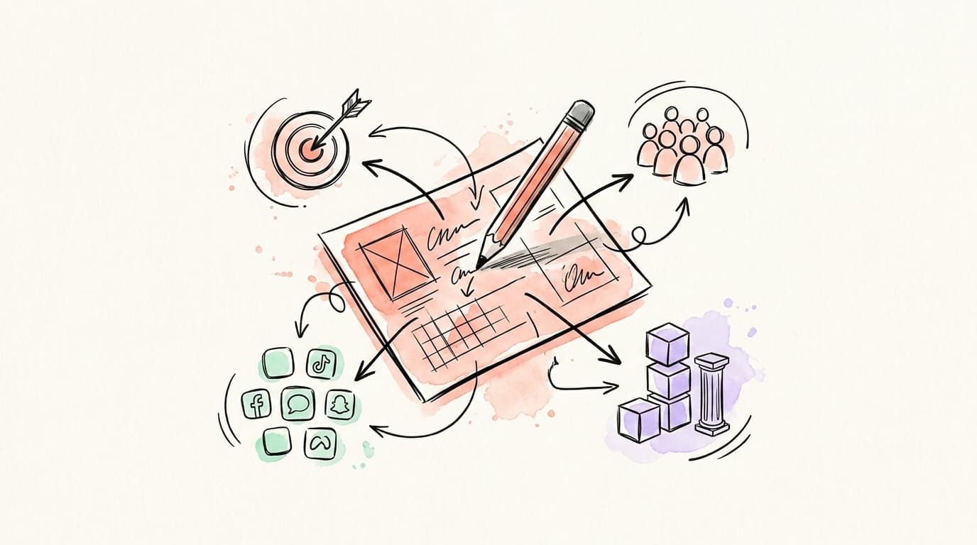 A hand-drawn blueprint with arrows branching to goals, audience, content pillars, and platform icons — representing a social media content strategy framework