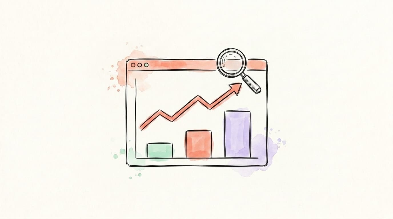 A simple hand-drawn analytics dashboard with a rising line chart, bar chart, and magnifying glass