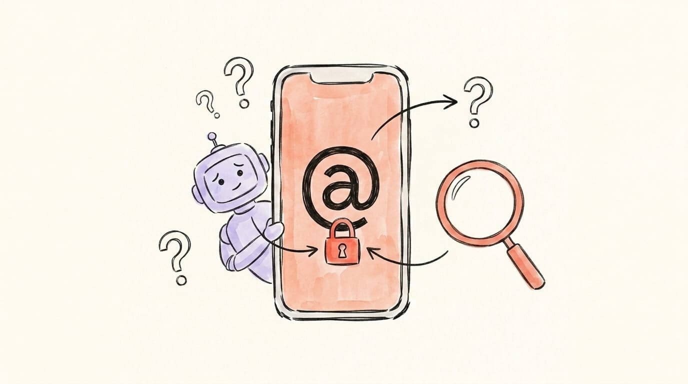A locked Threads account with Meta's AI robot peeking out apologetically next to a magnifying glass and floating question marks