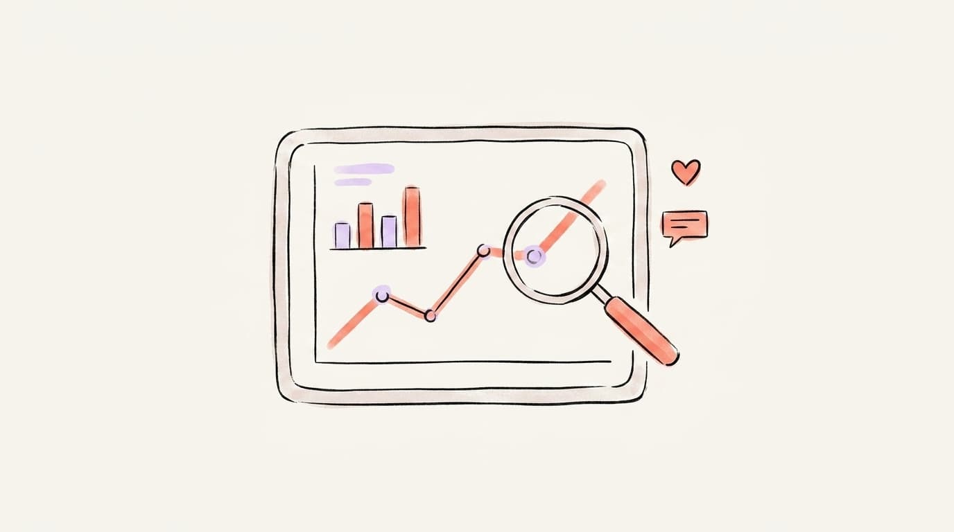 Hand-drawn illustration of a Threads analytics dashboard with a rising line chart, bar chart, magnifying glass, heart, and reply icons