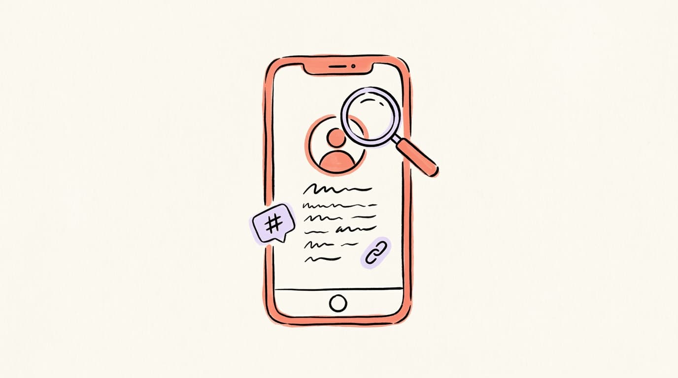 Hand-drawn illustration of a smartphone showing a Threads profile under a magnifying glass — bio inspection visual