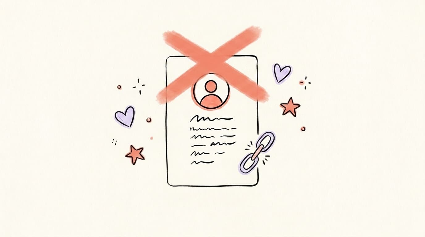 Common Threads bio mistakes — vague text, scattered emojis, broken links — crossed out