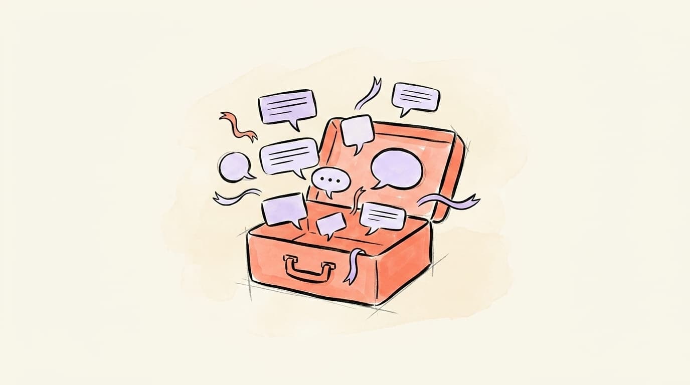A salmon-coral briefcase opens to release speech bubbles and chat threads, representing a business stepping onto Meta Threads