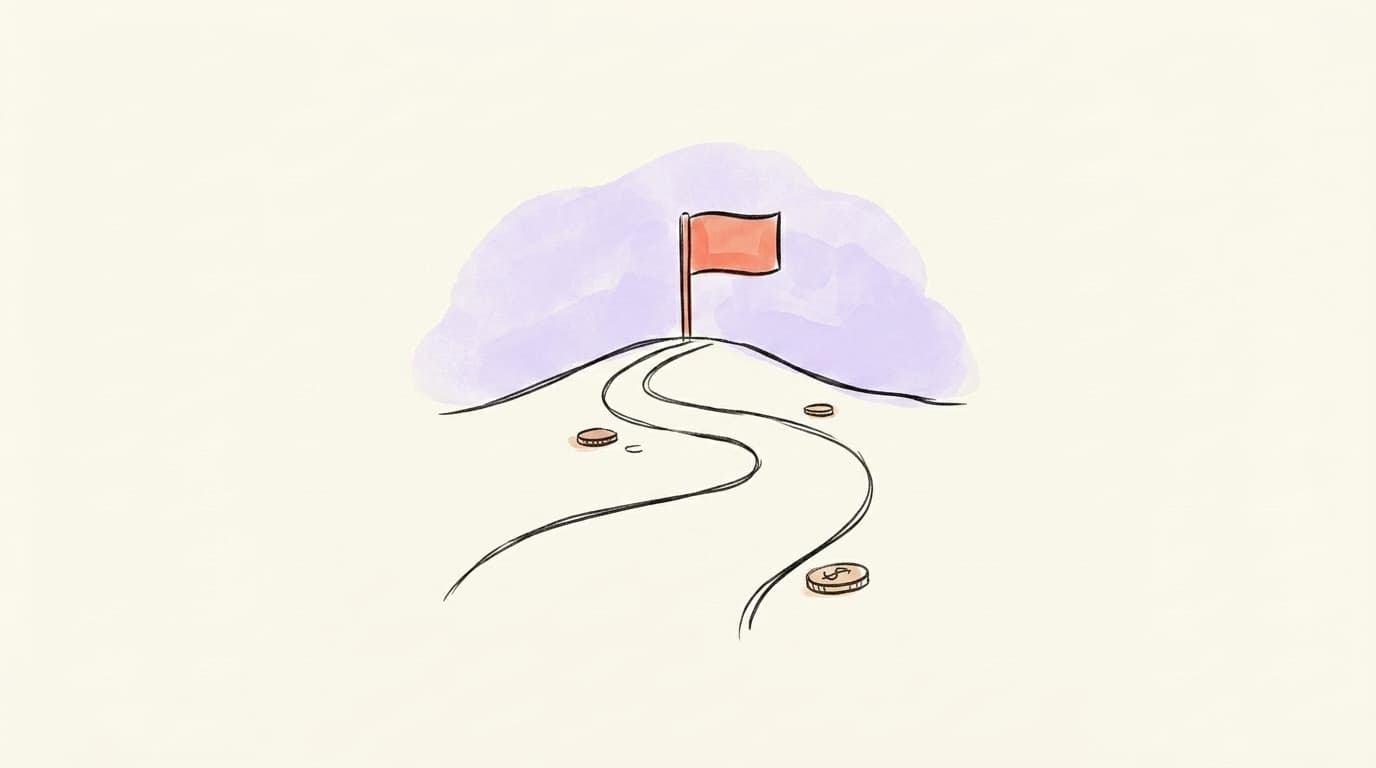 A winding road leading to a coral flag on a hill, with coins along the path