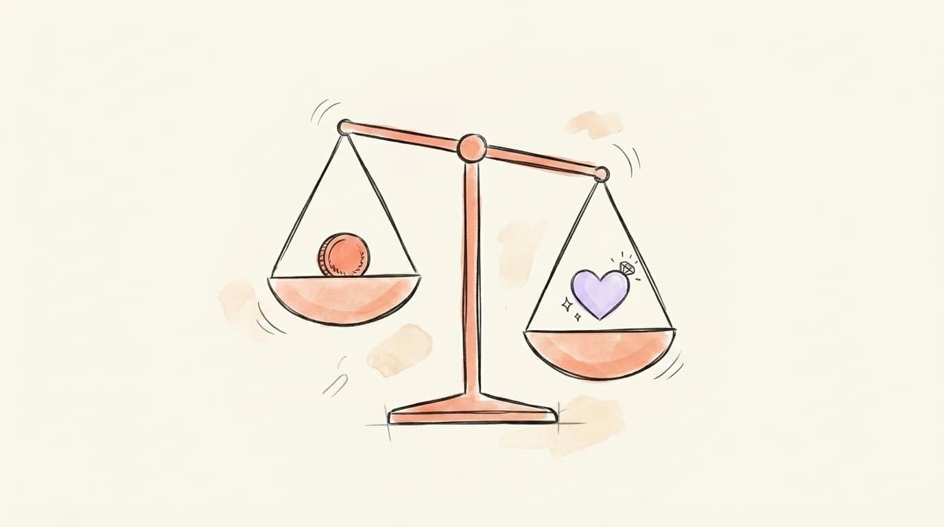 A balance scale weighing a coin against an engagement heart