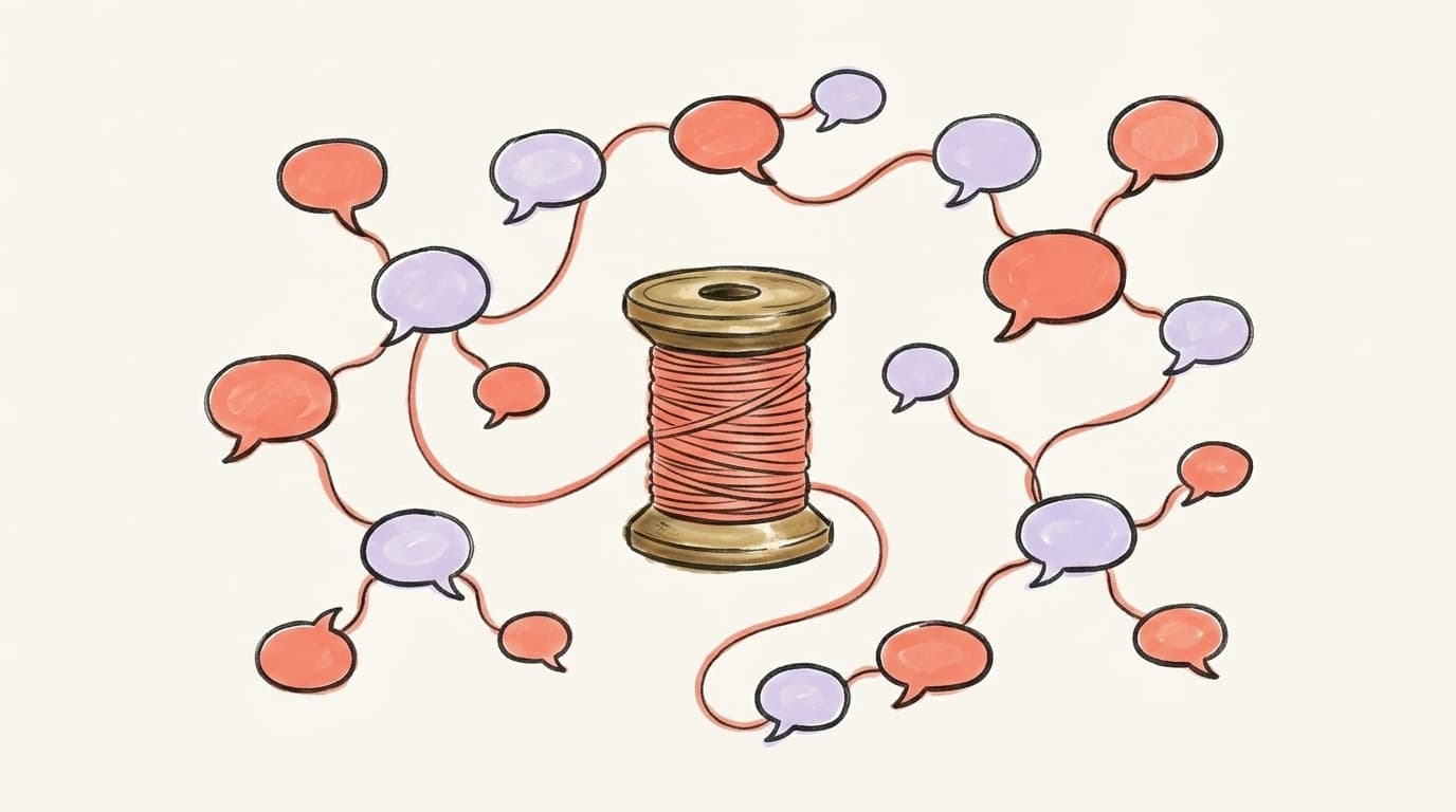 A vintage thread spool with strands unspooling into speech bubbles of different sizes