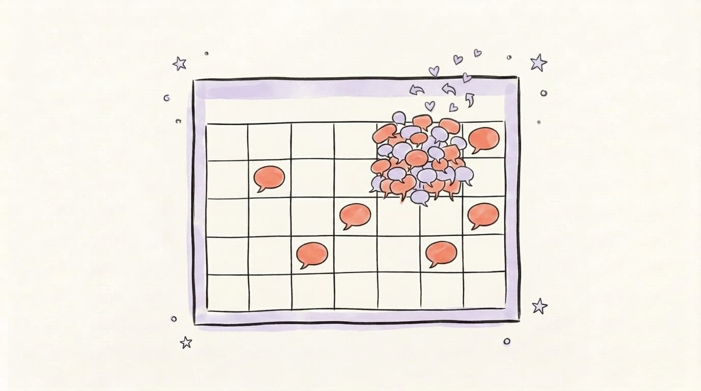 A calendar with neat single Threads posts on most days and one overcrowded day overflowing with tangled speech bubbles